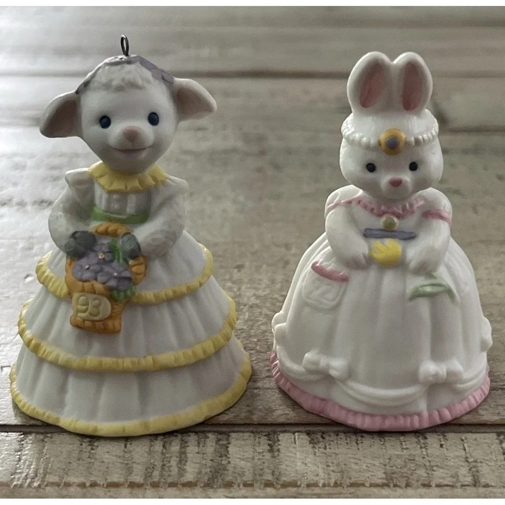 Hallmark Vintage Easter Ornaments Bells 1991 Lovely Lamb & 1992‎ Belle Bunny